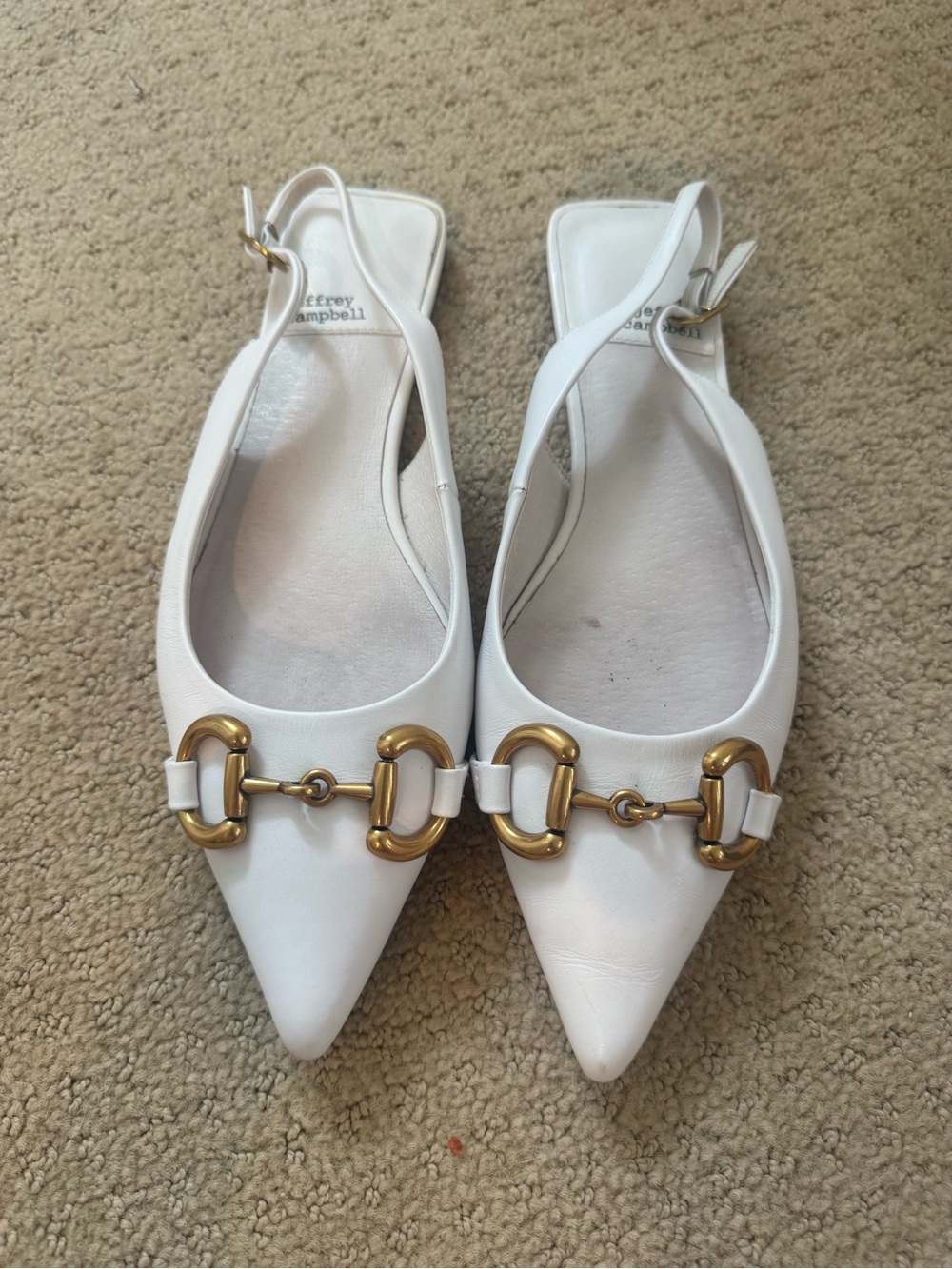Jeffrey Campbell White Pointed Slingback Flats with Gold Hardware